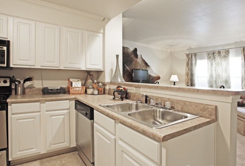 Open kitchen with double sink and dishwasher